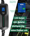 40 Amp Level 2 EV Charger Portable 9.6kW With NEMA 14 50 Outlet, LCD display showing charging status, ABS material