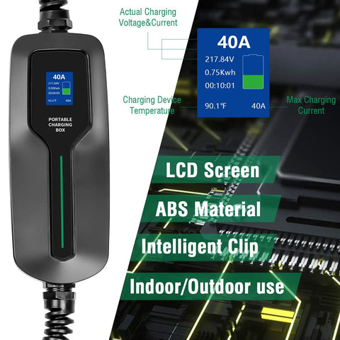 40 Amp Level 2 EV Charger Portable 9.6kW With NEMA 14 50 Outlet, LCD display showing charging status, ABS material