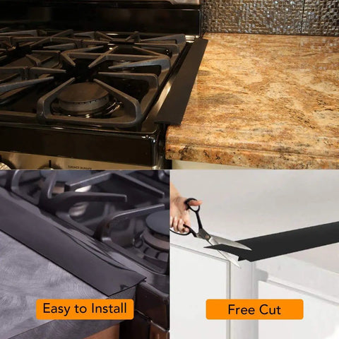 Stove Gap Cover 21 Inch Silicone Gap Filler For Between Stovetop And Counter Heat Resistant in black shown on kitchen counter