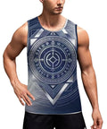 Men's Fly Slim Fit All Over Print Compression Tank Top Featuring Cold Tone Mechanical Square Tech Design And Breathable Moisture Wicking Fabric For Gym Grinds, modeled by a male. Sleeveless cut with a geometric print.