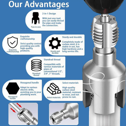 Cutting head of 4 In 1 Electric Drill Compatible Pipe Threading Tool Kit, showcasing carbon steel design for threading 1/2, 3/4, and 1 inch PVC pipes.