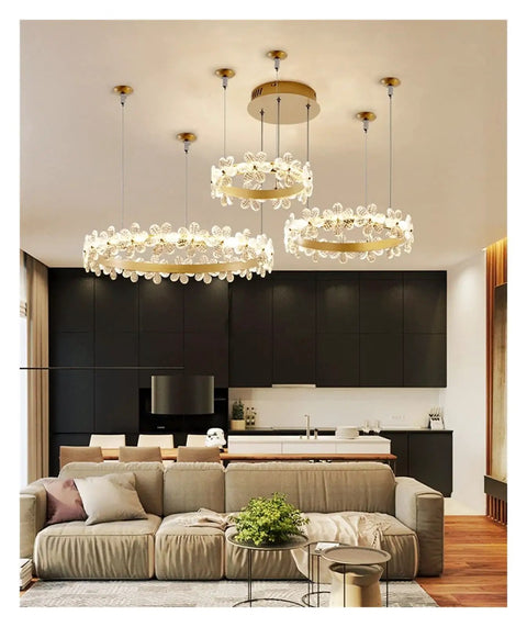 Modern LED s Gold Living Room Light Nordic Crystal Pendant Lighting for Bedroom Kitchen Lustre Moderno in stylish interior.