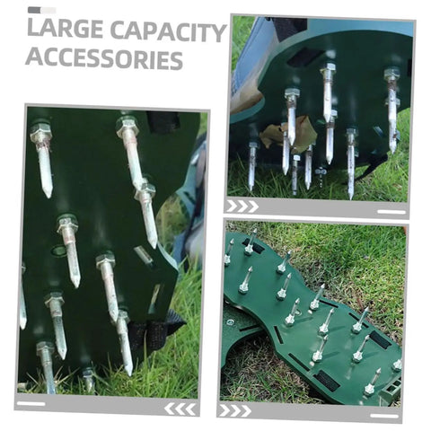 40 Pcs Metal Aerator Shoes Spikes For Lawn And Grass Heavy Duty Turf Aerator Stakes shown in use on grassy surface