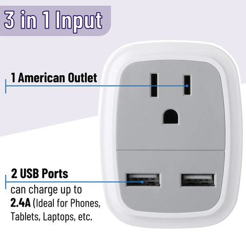 Travel Ready European USB Adapter US To Europe Plug 3 In 1 Power Adapter For Europe with 1 American outlet and 2 USB ports