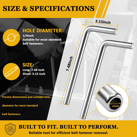 Zonon 2 Pack Heavy Duty Belt Fastener Breaker Tool With Flexible Joint And Embedding Teeth For Secure Hold On Industrial Floor Processing Belts, showing size specifications and 1/4 inch hole diameter.