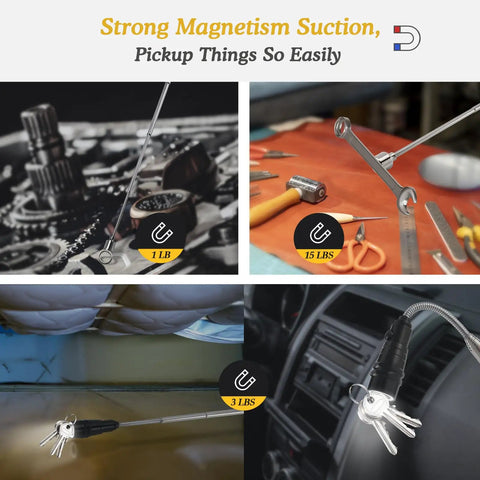 360 Degree Flexible Magnetic Flashlight And Telescoping Magnetic Pickup Tool Kit showing 1lb and 15lb magnet capabilities in use