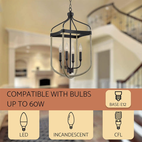 Austen 26 Inch 4 Light Modern Farmhouse Lantern Pendant with smoked birch finish in home interior, bulb compatibility details visible.
