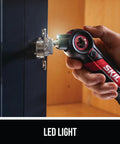 Twist 2.0 Dope Rechargeable 4V Screwdriver used on hinge in cabinet, LED light illuminating work area