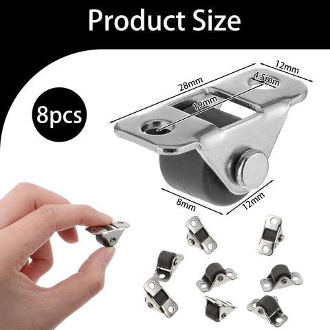 Eight Pcs Half Inch Mini Caster Wheels Low Profile Single Direction Rubber Rolling Wheels With Steel Top Plate shown in hand