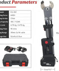 Cordless Hydraulic Cable Cutter With 60 KN Cutting Power, 18V Battery, Slices Copper And Aluminum Cables Up To 30 Mm, ACSR Ready For Pros And Weekend DIYers. Product parameters and accessories shown