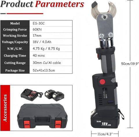 Cordless Hydraulic Cable Cutter With 60 KN Cutting Power, 18V Battery, Slices Copper And Aluminum Cables Up To 30 Mm, ACSR Ready For Pros And Weekend DIYers. Product parameters and accessories shown