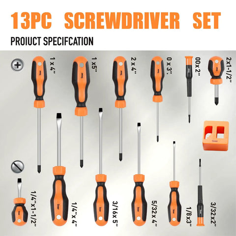 Magnetic Screwdriver Set 13 Pieces With 6 Phillips And 6 Flat Head Bits Chrome Vanadium Steel Pro Grade Durable Ergonomic Handles
