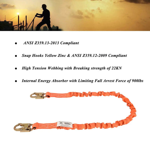 6 Foot Internal Shock Absorbing Fall Protection Lanyard With Double Forged Snap Hook Connectors ANSI Z359.13 2013 Compliant