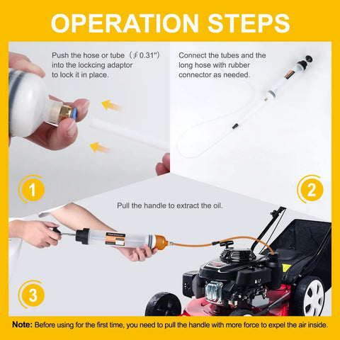 Operation steps for Grease Monkey Pick Fluid Extractor Pump With 39 Inch Hose And Reinforced Extension Tubes, using hose and handle.