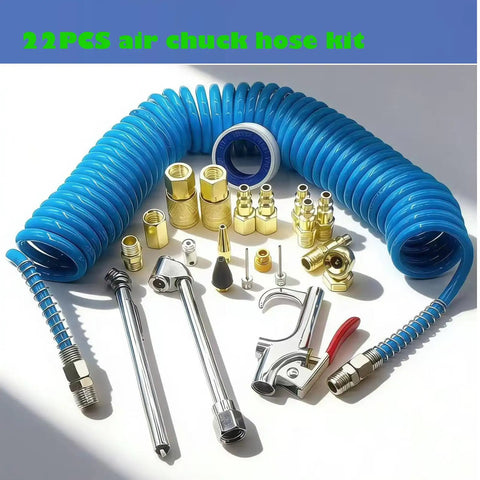 Ultimate 22-Piece All-In-One Pro-Grade Air Compressor Accessories Kit With 25-Foot Hose and nozzles displayed on a surface