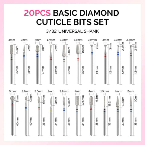 20 Piece Diamond Nail Drill Bits Set For E File 3 By 32 Inch Cuticle And Acrylic Gel Nail Bits Kit With Pro Grade Quality And Multiple Shapes