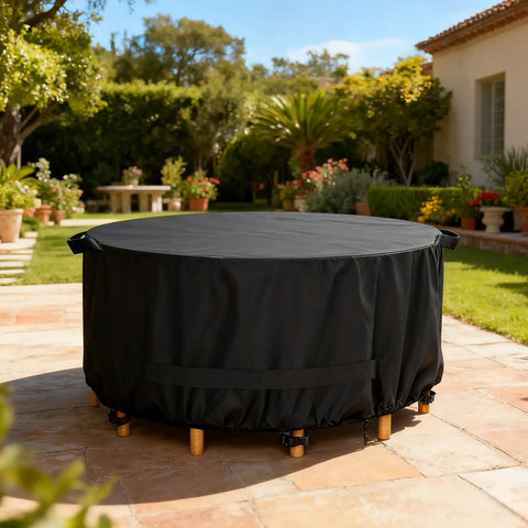 Round Outdoor Table And Chair Set Cover Fits 48 Inch Diameter By 28 Inch High Beefy Built 420D Waterproof UV Resistant Windproof Dustproof Black Patio Furniture Cover shown installed on patio set.