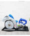 Slick Portable Mini Table Saw With Dustless Design And Hella Compact Electric Circular Saw Smooth Cutting Precision Panel Saw in blue.
