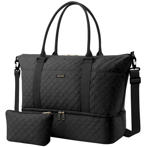 Black Spacious Travel Duffel Bag For Women With Shoe Compartment And Carry On Weekender Tote For Gym And Overnight Trips With Toiletry Bag 13.4 x 17.3 x 7.9 In