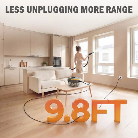 High Performance 1600W Port Steam Cleaner With 1.69 QT Visible Tank And 15 Attachments for easy window cleaning at 9.8FT.
