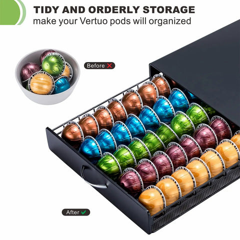 Dope Metal Nespresso Pod Holder Drawer For Vertuo 50 Pod Capacity Black Coffee Capsule Organizer With 5 Columns shown in use