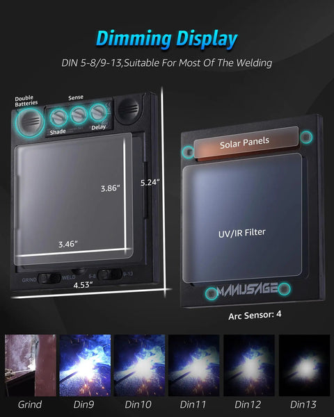 Dimming display of Panoramic View Auto Darkening Welding Helmet with true color shades 5-8 and 9-13 for TIG MIG ARC Welding.