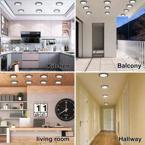 Ultra Slim 7 Inch LED Flush Mount Ceiling Light Kit, No Fuss Easy Install Dimmable 5000K Daylight shown in kitchen, balcony, living room, hallway