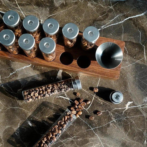 12 Piece Single Dose Coffee Bean Storage Tubes With One Way Exhaust Valve Glass Vials On Sturdy Walnut Wood Base and Easy Pouring Funnel