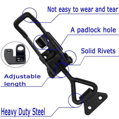Beefy Four Pack Heavy Duty Toggle Latch Clamps With Lock Hook 1320 Lb Capacity Pull Action Latch With Catch Plate shown in black steel