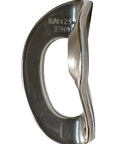 Rock Solid Spring Bolt Hanger For Trad And Crack Climbing Made From Insanely Durable 316 Stainless Steel, side view of smooth silver design.