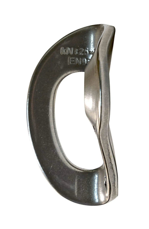 Rock Solid Spring Bolt Hanger For Trad And Crack Climbing Made From Insanely Durable 316 Stainless Steel, side view of smooth silver design.