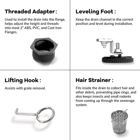 Detailed view of threaded adapter, leveling foot, lifting hook, and hair strainer accessories for 36 Inch Stainless Steel Linear Shower Drain With Tile Insert Tray And Flat Cover, 2-In-1 Tile Or Flat Insert, Leveling Feet, Hair Strainer, Matte Black Finish, Heavy Duty Shower Floor Drain