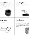 Image of threaded adapter, leveling foot, lifting hook, and hair strainer for 36 Inch Linear Shower Drain Venetian Bronze With Removable Quadrato Grate, Stainless Steel Shower Floor Drain For Modern Bathrooms, Hair Strainer, Tile Insert Tray, 2 Inch Outlet, Easy Clean.