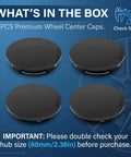 Four Pack Snap On Wheel Center Caps With 60mm Outer And 56mm Inner Diameter To Freshen Up Your Wheels For Universal Car Truck Suv Hub Cover Upgrade In Slick Black Finish displayed on blue background.