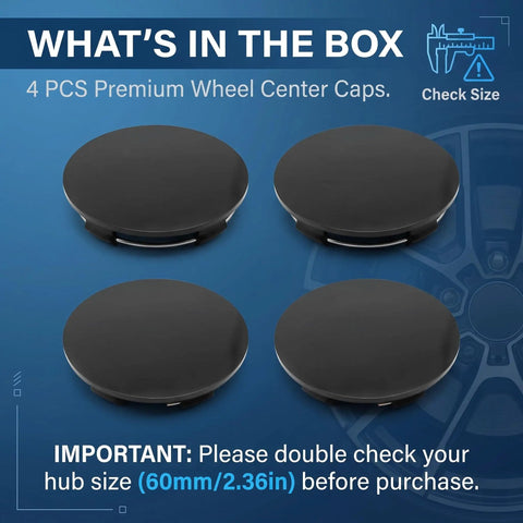 Four Pack Snap On Wheel Center Caps With 60mm Outer And 56mm Inner Diameter To Freshen Up Your Wheels For Universal Car Truck Suv Hub Cover Upgrade In Slick Black Finish displayed on blue background.