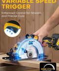 Badass Brushless Cordless Circular Saw Slick 6 Inch Blade Kicks Butt With DeWalt 20V Compatible showing variable speed trigger for precise cuts.