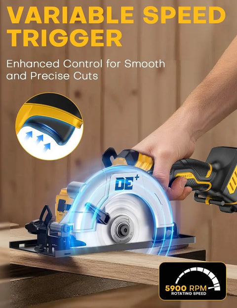 Badass Brushless Cordless Circular Saw Slick 6 Inch Blade Kicks Butt With DeWalt 20V Compatible showing variable speed trigger for precise cuts.