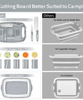 Comparison of 9 In 1 Collapsible Cutting Board With Colander For Camping showing knives, chopper, and colander features, gray color