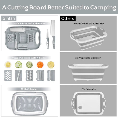 Comparison of 9 In 1 Collapsible Cutting Board With Colander For Camping showing knives, chopper, and colander features, gray color