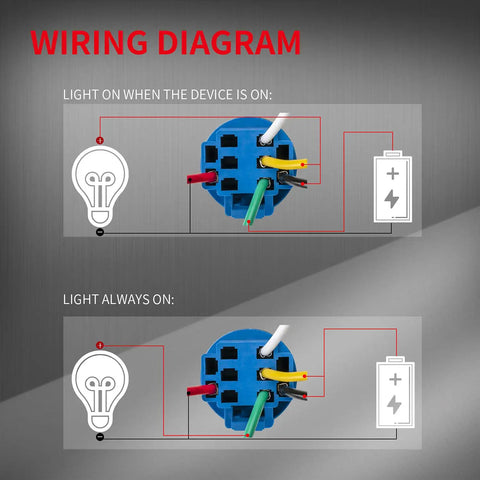 Wiring diagram for 12V Waterproof 22mm Latching Push Button Switch With Blue LED, showing connection for light on and always on.