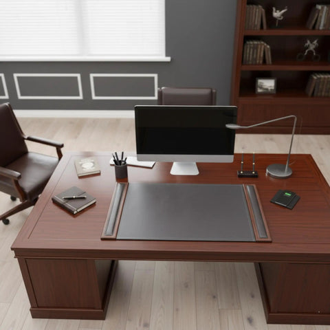 Wood And Leather Boss Desk Pad With Side Rails For Writing on office desk, Luxury Leather Blotter 34x20 inches, Walnut and Black Finish