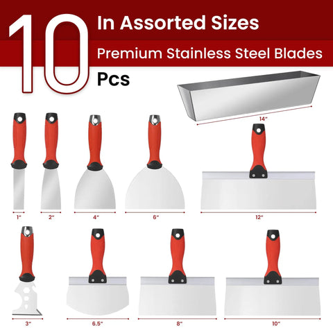 All In One Drywall Repair Kit 10 Piece Set With 4 Putty Knives 1 2 4 6 Inches 3 Taping Knives 8 10 12 Inches stainless steel