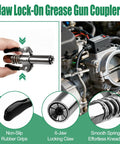 6-jaw lock-on coupler from 9 Piece Grease Gun Fittings Kit With 90 Degree Coupler Lock Clamp Nozzle Cleaner And A Variety Of Needles