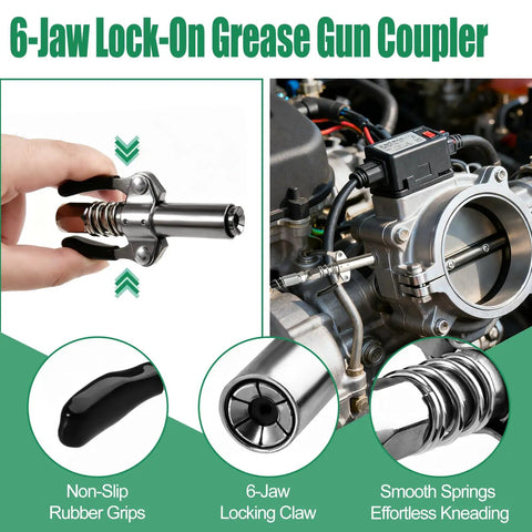 6-jaw lock-on coupler from 9 Piece Grease Gun Fittings Kit With 90 Degree Coupler Lock Clamp Nozzle Cleaner And A Variety Of Needles