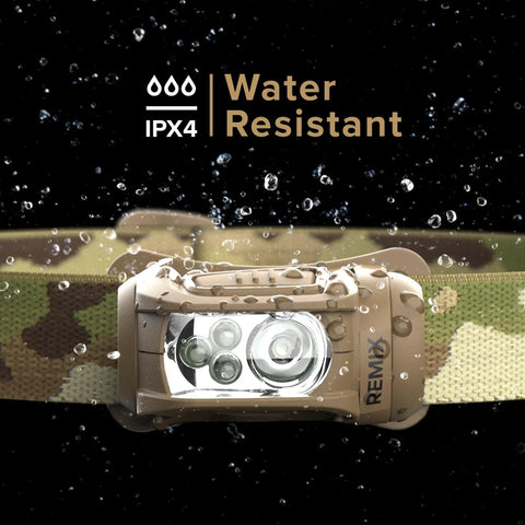 Remix LED Headlamp With 450 Lumens Multicam Camo Finish Red LEDs For Night Vision IPX4 Water Resistant featured with water droplets