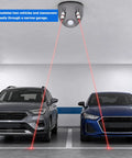 Dual Laser Garage Parking Assist With 360 Degree Adjustable Sensors And Motion Activated Laser Guide, showing two cars aligned with red laser guides.
