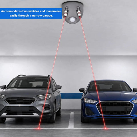 Dual Laser Garage Parking Assist With 360 Degree Adjustable Sensors And Motion Activated Laser Guide, showing two cars aligned with red laser guides.