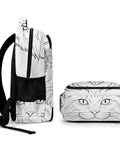 Long Fluffy Hair Feline Outline Print Unisex Backpack side and front view, durable polyester, trendy cat graphic daypack for school