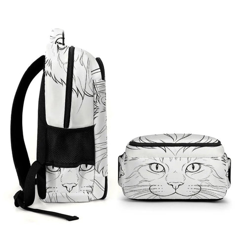 Long Fluffy Hair Feline Outline Print Unisex Backpack side and front view, durable polyester, trendy cat graphic daypack for school