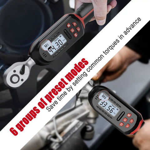 Three Eighths Inch Digital Torque Wrench With Go-To Preset Values And Six Quick Settings, display showing 44.3 ft-lbs